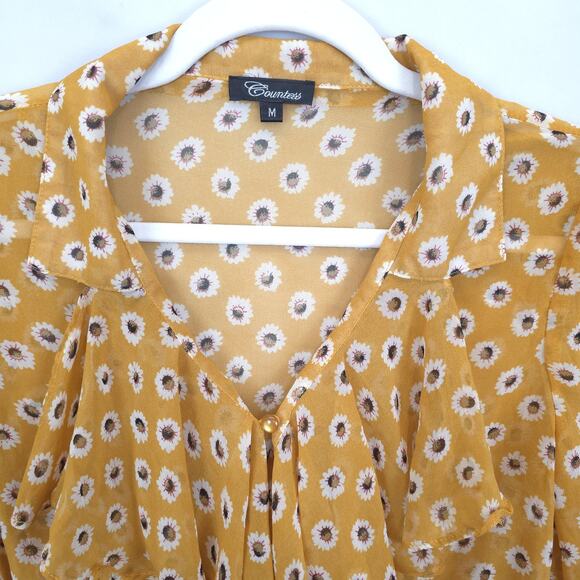 Countess Blouse Womens Medium Ditsy Daisy Floral Tie Front Sheer Ruffle Top - Picture 8 of 12